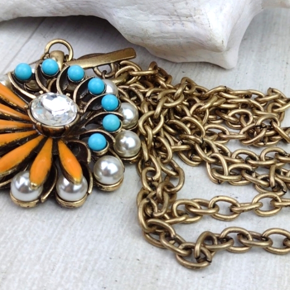 Cookie Lee Faux Pearl Turquoise & Coral Flower Pendant Choker Necklace - Picture 9 of 15